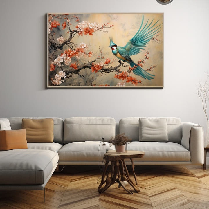 Turquoise bird on a blossoming branch in Chinese bird-and-flower style