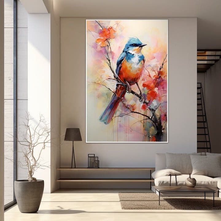 Contemporary painting of a blue and orange songbird perched among coral blossoms