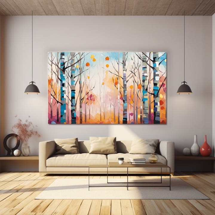 Vibrant semi-abstract birch grove with pale trunks and coral and blue tones