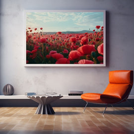 Photographic image of a poppy field stretching to hills under a soft dawn sky
