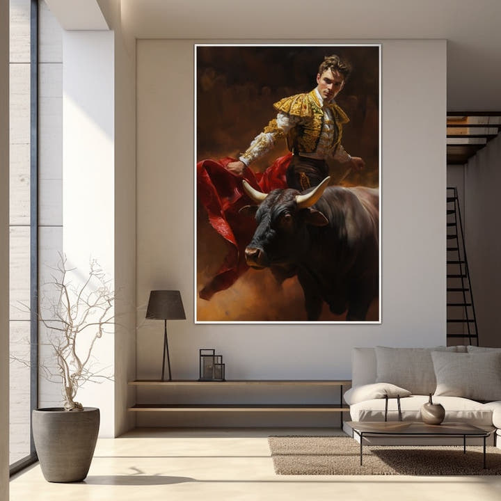 Oil painting of a matador in gold with a red cape and a charging dark bull