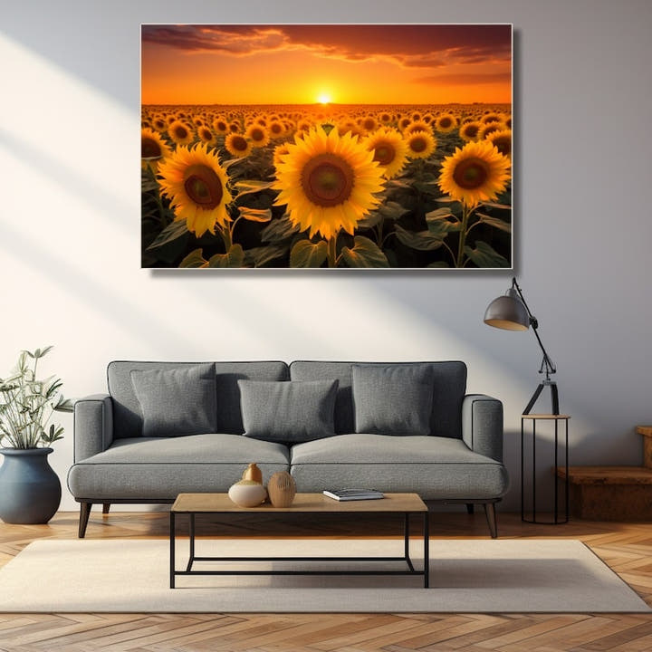 Field of sunflowers beneath a fiery orange sunset