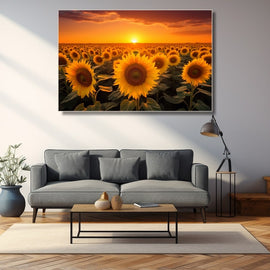Field of sunflowers beneath a fiery orange sunset