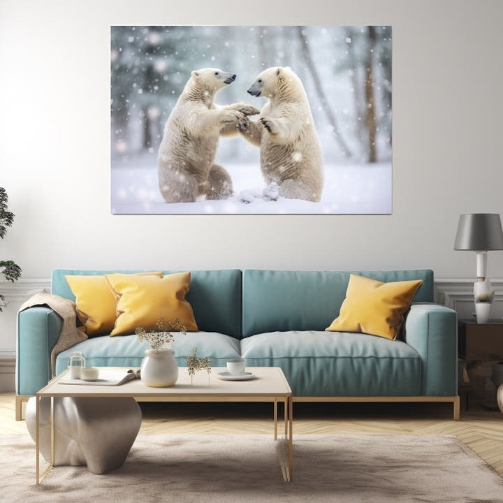 Two polar bears dancing on hind legs through falling snow among birch trees