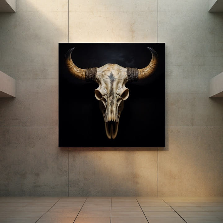 Painting of a weathered bull skull against a black background