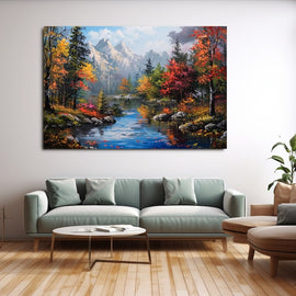 Autumn landscape of crimson and gold trees mirrored in a mountain river below snowy peaks