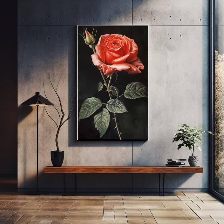Painting of a coral-pink rose and bud against a dark background