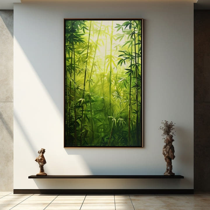 Tall green bamboo canes reaching toward glowing sunlight in a vertical painting