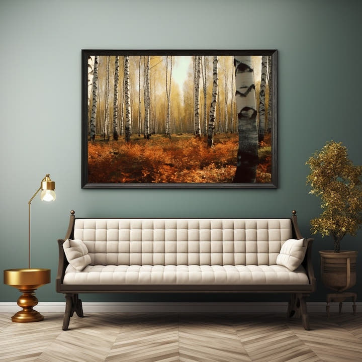 Dense autumn birch forest painting with rust-red fallen leaves on the forest floor