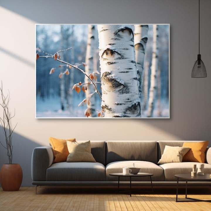Frosted birch trunk in close-up with rust leaves and a cool blue winter wood