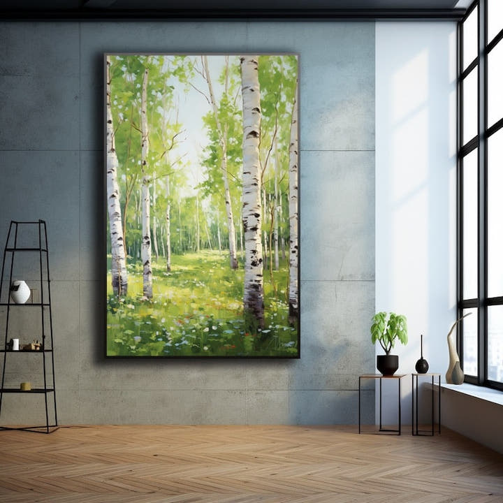Acrylic painting of a summer birch wood with a flowering green meadow