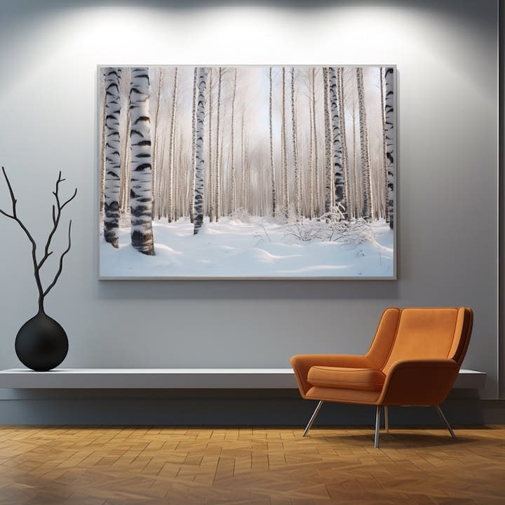Painting of white birch trees in a snowy winter forest