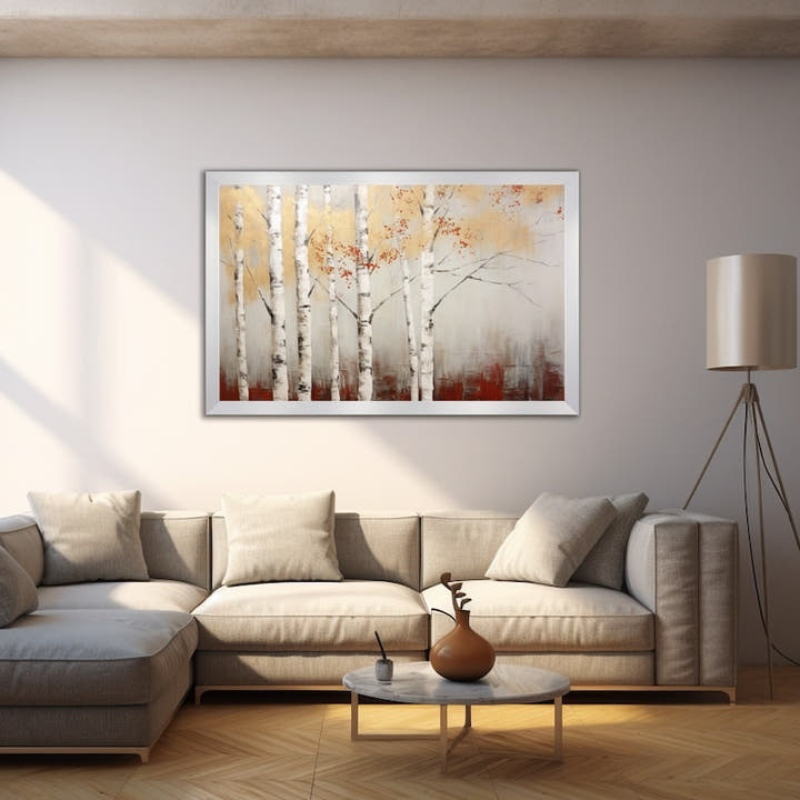Contemporary painting of silver birch trees with golden autumn leaves and red undertones