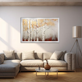 Contemporary painting of silver birch trees with golden autumn leaves and red undertones