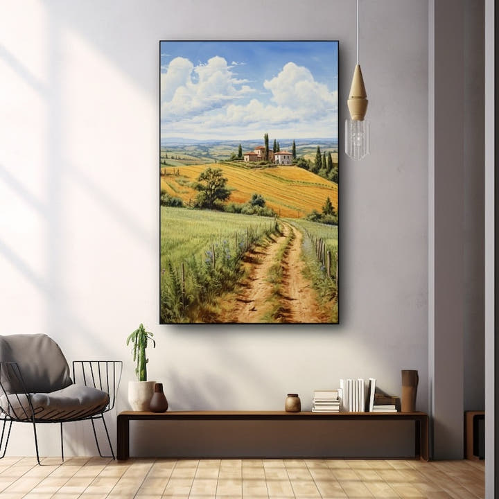 Painting of the Tuscany countryside with a track, cypresses and villas