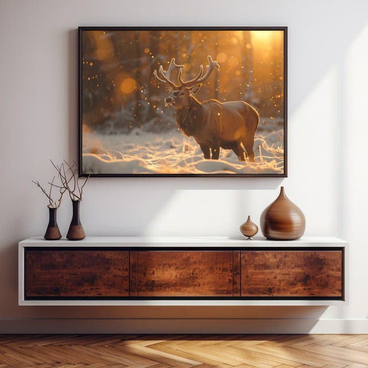 Stag in profile lit by golden sunrise light on a snowy field