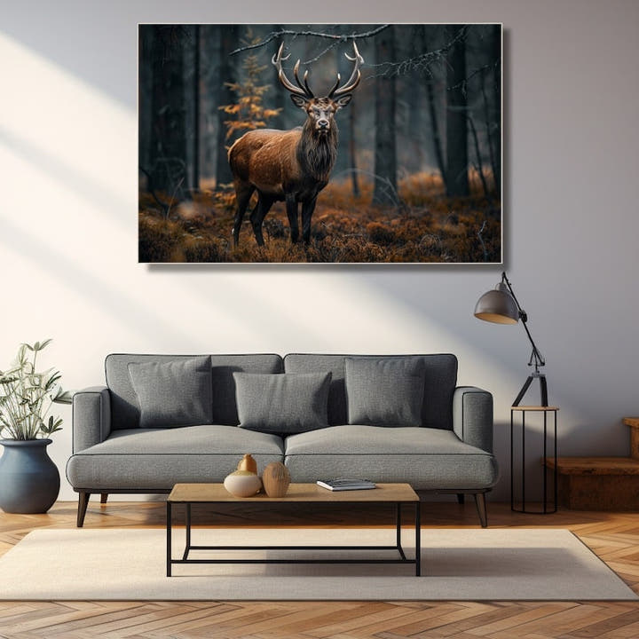 Stag standing in a misty autumn forest with bare boughs