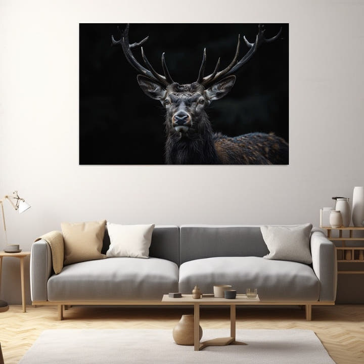 Stag with large antlers facing forward on a black background