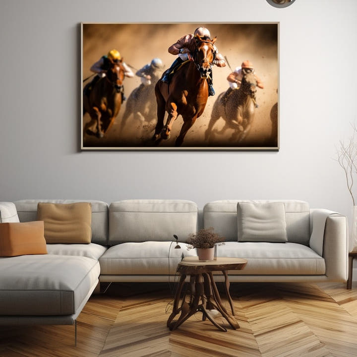 Print of a chestnut racehorse charging head-on through golden dust with rival riders behind