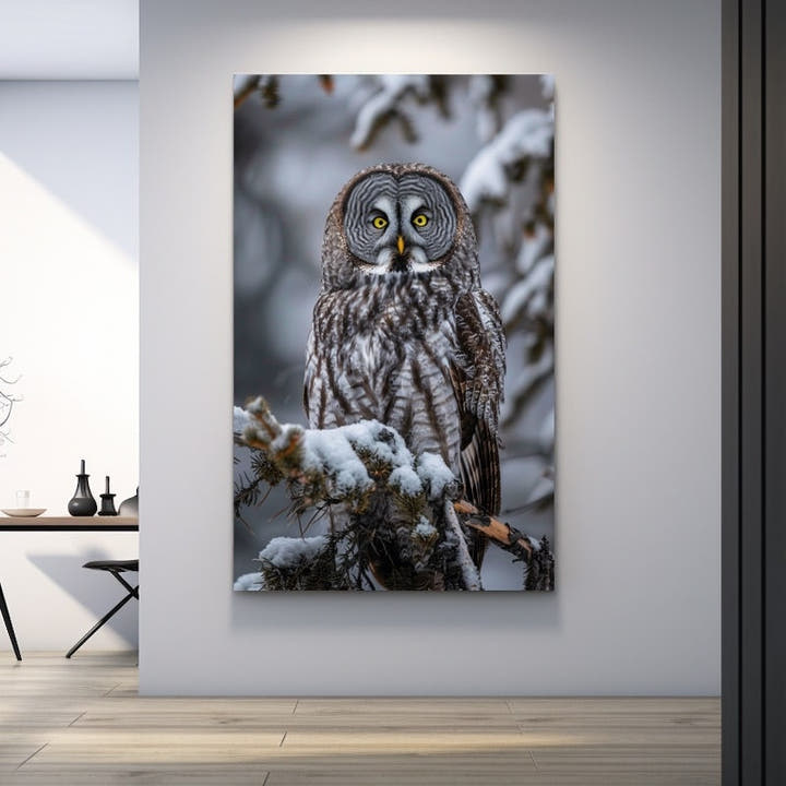 Great grey owl with yellow eyes on a snowy pine branch