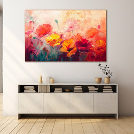 Field of red, orange and yellow poppies under a soft blush sky
