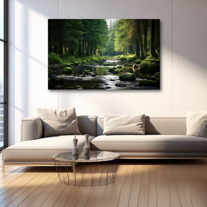 Forest stream flowing past mossy boulders beneath tall pine trees