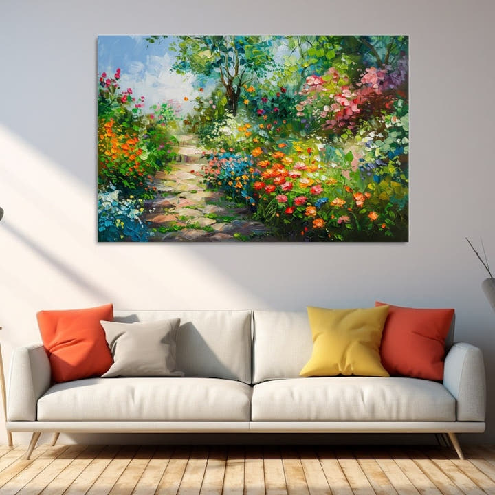 Oil painting of a stone path winding through a colourful cottage flower garden