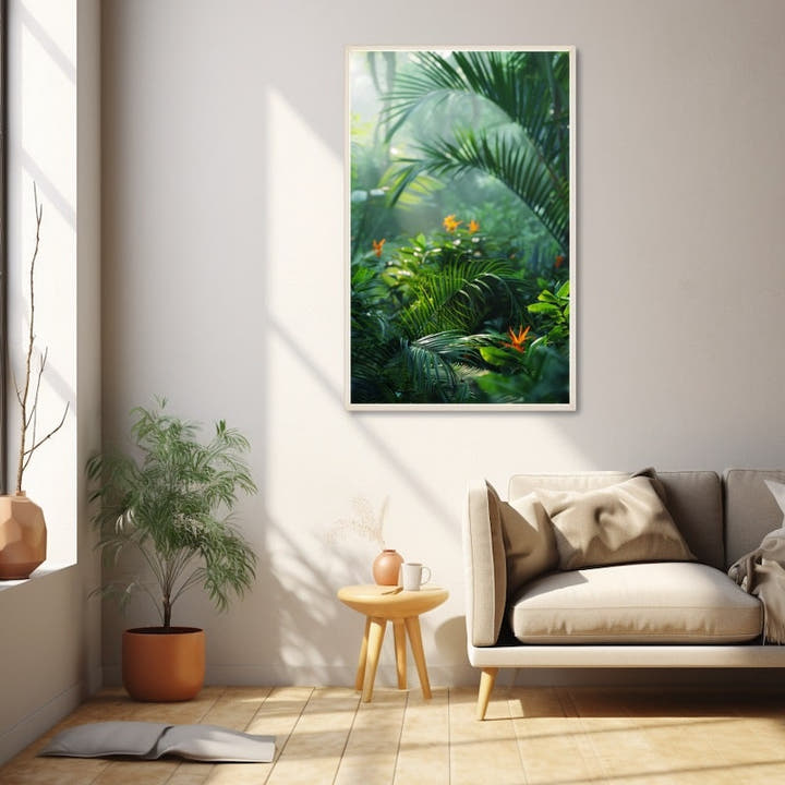 Green jungle painting of palm fronds, ferns and orange bird-of-paradise flowers