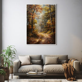 Classical autumn forest path in russet and gold leading into a misty clearing