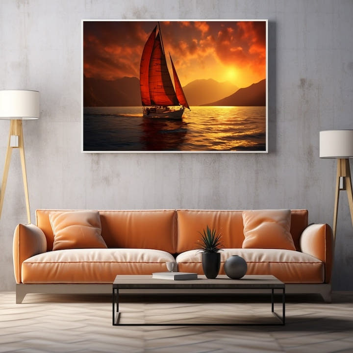 Sailboat with red sails against a fiery sunset over the sea and mountains