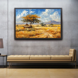 African landscape oil painting, golden plain with acacia tree and thatched hut