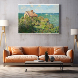 Monet-style fishermans cottage on a flowering clifftop above a turquoise sea