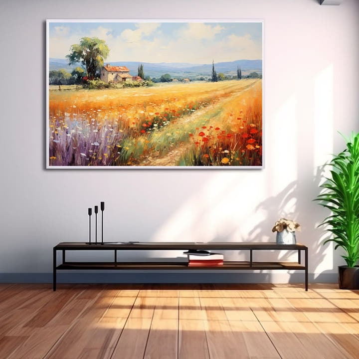 Italian countryside painting of a golden wheat field with poppies and lavender beside a Tuscan farmhouse