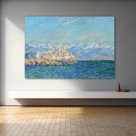 Impressionist coastal town by the sea with snow-capped mountains, after Monet