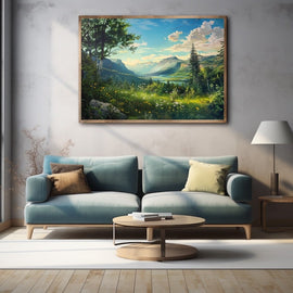 Sunlit mountain valley with wildflower meadows and a distant lake