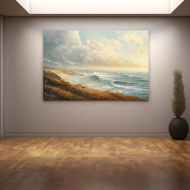 Painting of a coastal seascape with golden dune grass and breaking waves