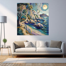 Modern stylised coastal landscape painting with houses and moon