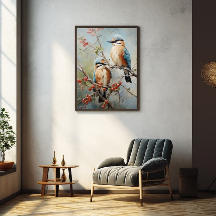 Oil painting of two birds among red berries and pink blossom