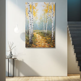 Painting of an autumn birch grove with a golden path and amber canopy