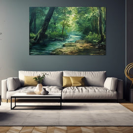 Sunlit woodland stream winding through an emerald summer forest
