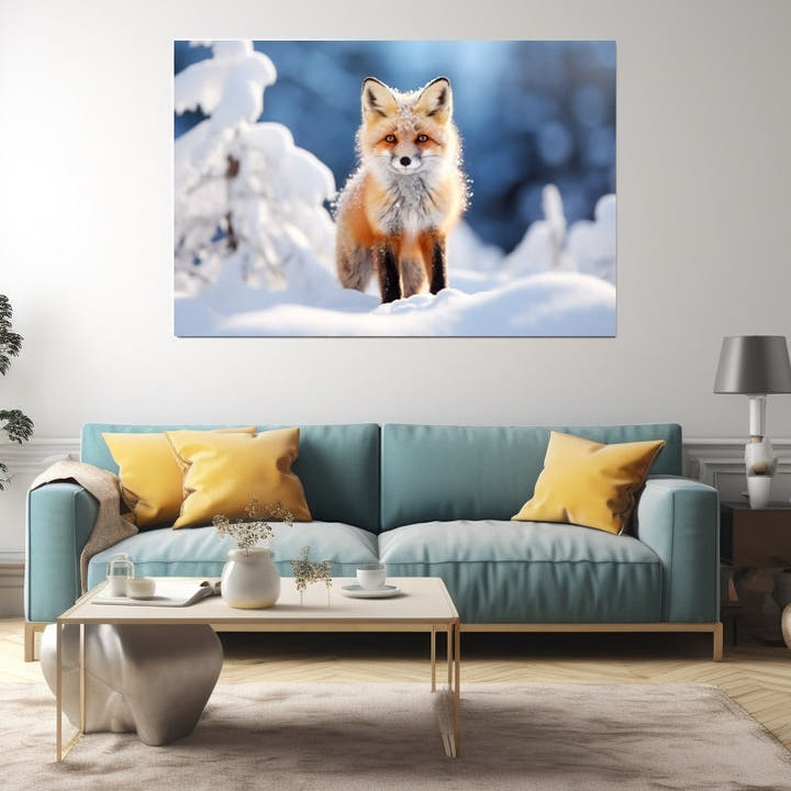 Red fox on a snow bank among frosted firs against a blue winter forest