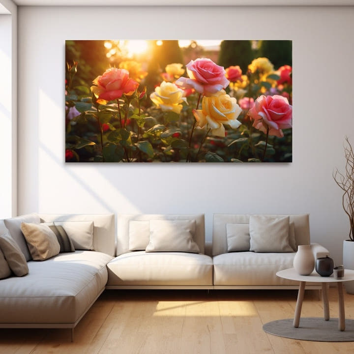Rose garden glowing in golden evening sunlight with pink and yellow blooms