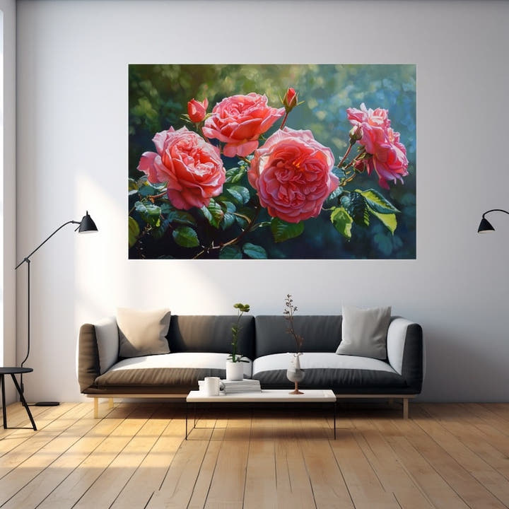 Painting of coral-pink roses in full bloom with green leaves in a garden