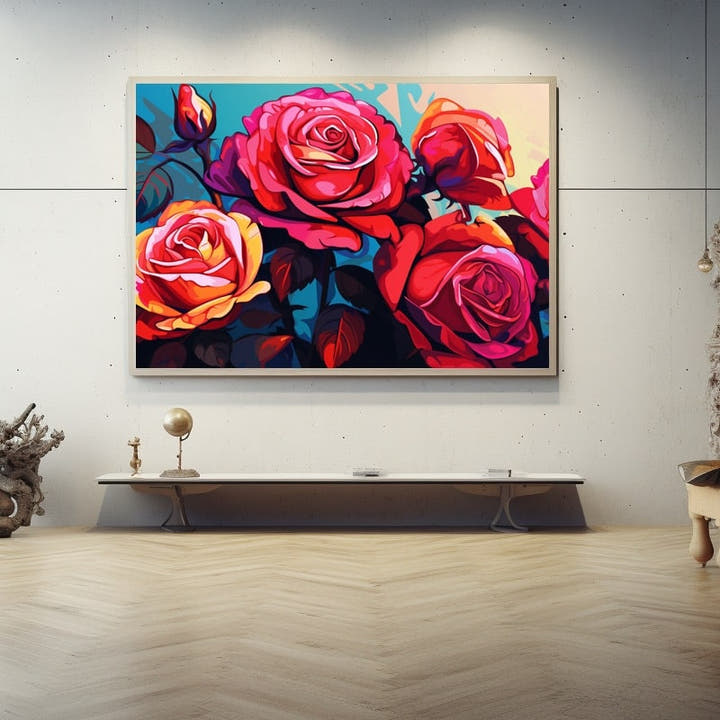 Contemporary pop-art painting of roses in magenta and scarlet on turquoise