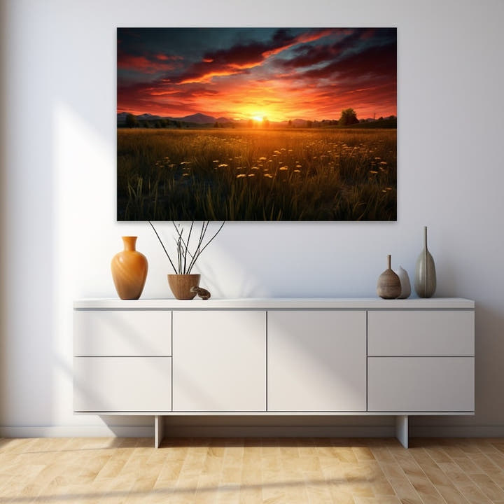 Painting of a fiery sunset over a wildflower meadow and distant mountains