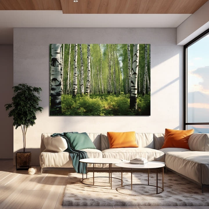 Painting of a green birch grove with white trunks over a carpet of ferns