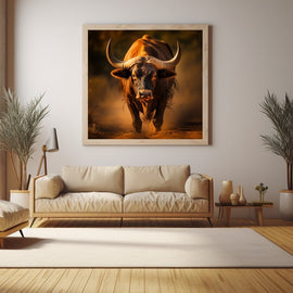 Russet bull walking through golden dusk light on a dusty plain