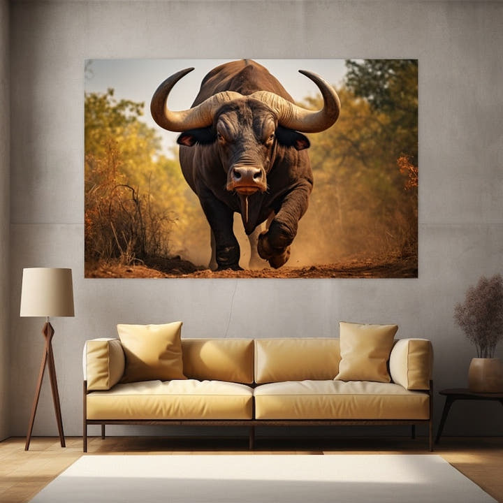 Photograph of a Cape buffalo charging down a dusty savanna track