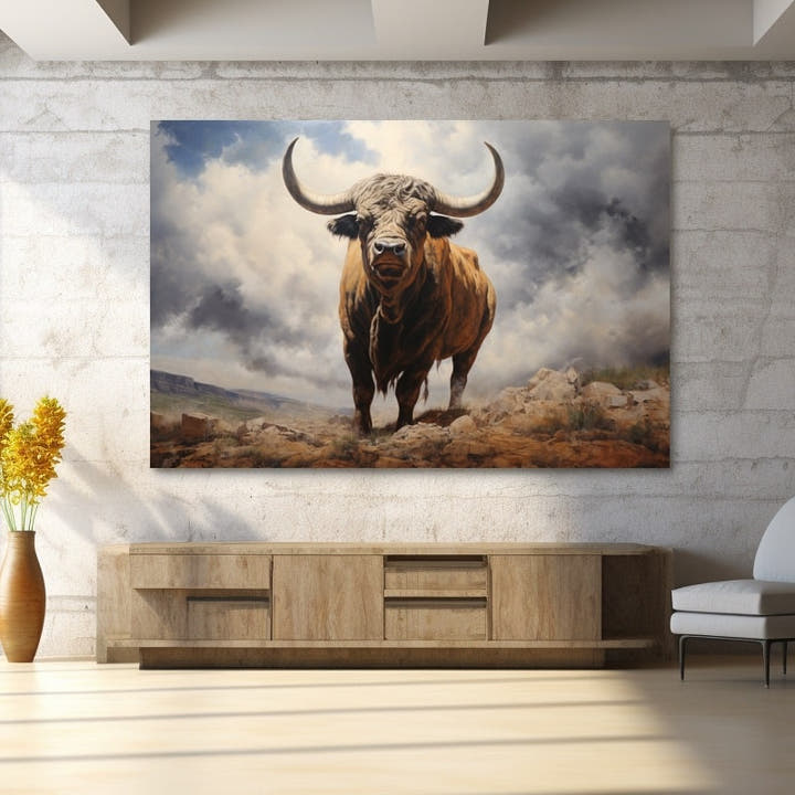 Realistic painting of a brown bull with sweeping grey horns on rocky ground under a stormy sky