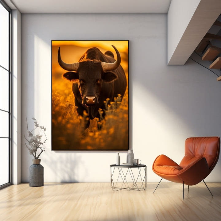 Dark bull with curved horns in golden grass at sunset